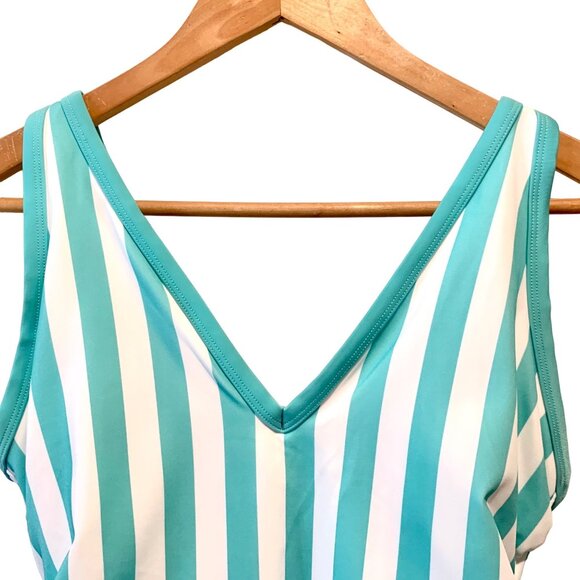 Kona Sol Plus One Piece Green Stripe Print V-Neck Bathing Suit 14W - Picture 4 of 11